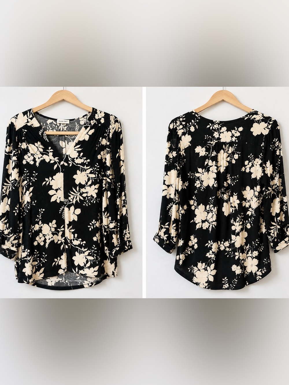 Black & Cream Floral V-Neck Blouse - Women